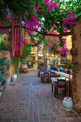 Streets and old buildings in the old town of Rethymno, Crete, Greece