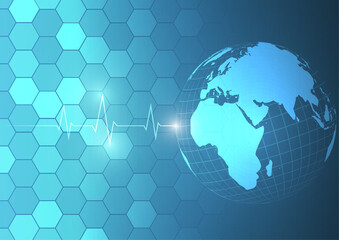 Vector : Cardiogram and world on blue medical background