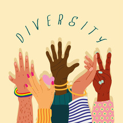 five diversity hands humans up and lettering