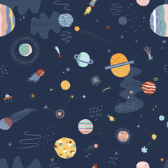 In outer space seamless vector pattern. Cosmic celestial bodies graphic print design for kid fabric © AngellozOlga