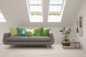 White living room with sofa. Scandinavian interior design. 3D illustration