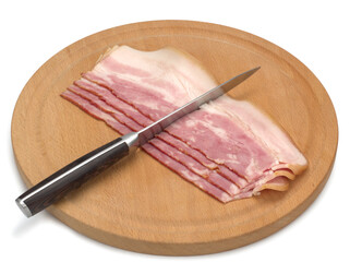 Boiled-smoked pork brisket cut into slices on wooden board and on white background. Bacon.