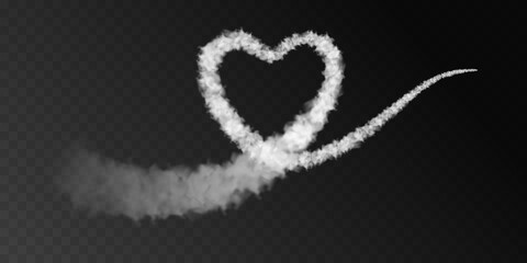 Vector heart shaped plane trail in white color isolated on black background. Design element for Valentine's Day greeting cards, airshow posters, travel banners. - obrazy, fototapety, plakaty