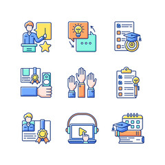 Workshop RGB color icons set. Training participation. Getting new practical skills. Training participation. Hands-on learning. Mobile broadcast. Creative idea generation. Isolated vector illustrations