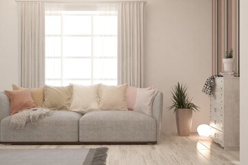 White living room with sofa. Scandinavian interior design. 3D illustration