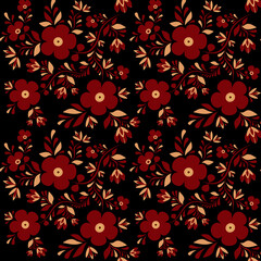 Ornament with red flowers on the stem and leaf elements on a black background. Retro floral background. Seamless ornament with abstract flowers.