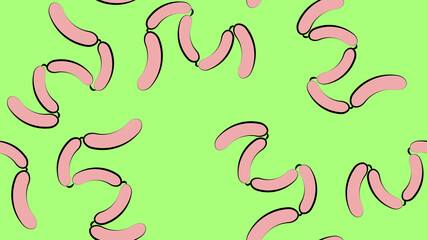 sausages on a green background, illustration, pattern. roy sausages in natural casing, farm meat. seamless pattern, background, endless pattern