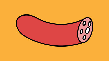 semicircular sausage on an orange background,  illustration. meat sausage with bacon. salami for a snack for beer, meat plate. sausage for sandwich