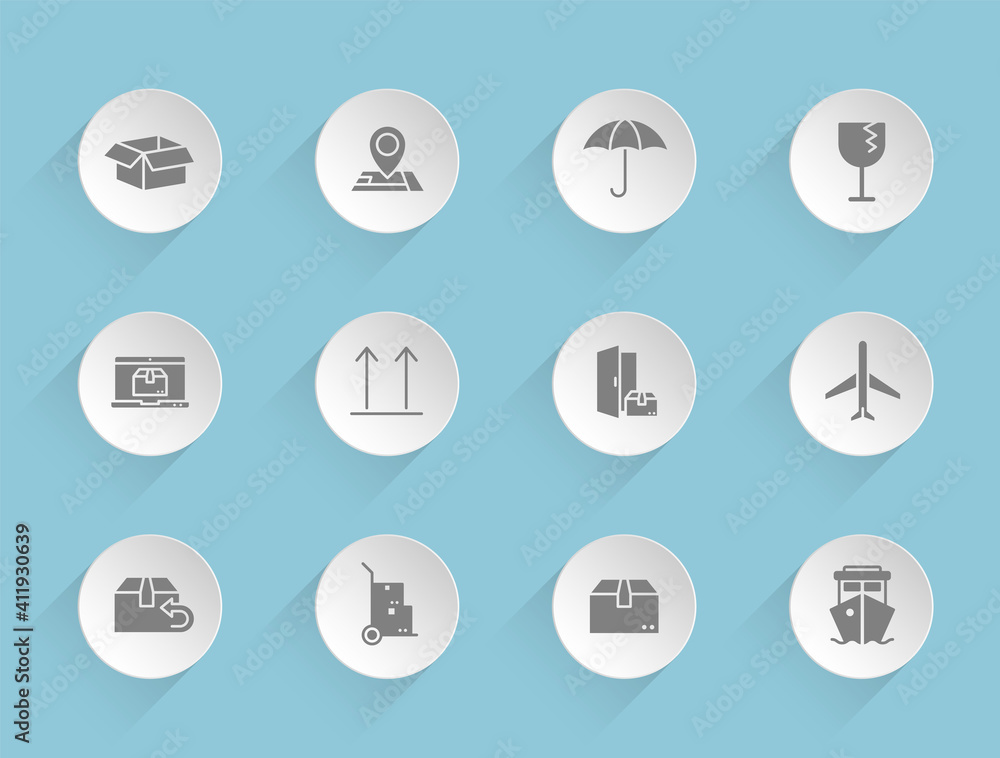 Poster delivery vector icons on round puffy paper circles with transparent shadows on blue background. deli