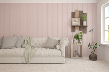 White living room with sofa. Scandinavian interior design. 3D illustration