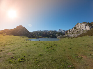 View of glacial Lake Ercina or Lagoa de la Ercina, nestled among marvelous mountain tops, Lakes of...
