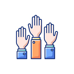 Participation RGB color icon. Taking part in proffesional workshops. Getting new practical skills. Active position. Hands raised up. hands-on learning. Isolated vector illustration