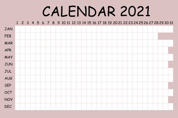 2021 calendar planner. Сorporate design week. Isolated on red background. Place for stickers. Simple design for business brochure, flyer, print media, advertisement. A4 size.