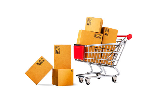 Shopping Cart and Product Package Boxes isolated on white background, Online Shop and delivery concept
