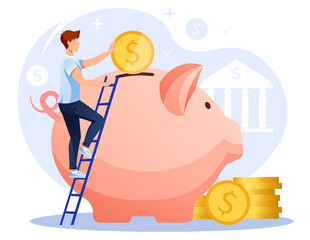 Big piggy bank, man on the ladder is putting coin in the piggy bank, stack of gold coins. Bank, budget, finance, money savings concept. Isolated vector illustration for poster, banner, advertising. 