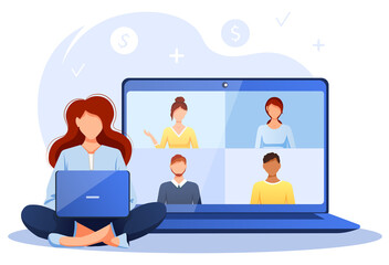 Woman sitting with laptop and working online. Video call, freelance, finance, working online concept. Isolated vector illustration for flyer, poster, banner, advertising. 