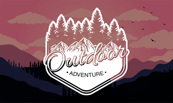 outdoor adventure lettering emblem with pines in landscape