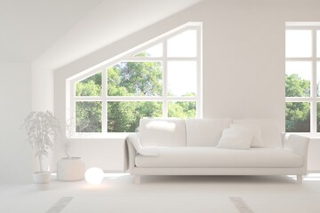 Minimalist living room in white color with sofa and summer landscape in window. Scandinavian interior design. 3D illustration