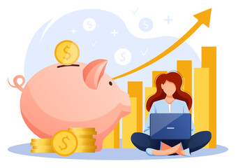Big piggy bank, woman is sitting with laptop, graph up, stack of gold coins. Bank, budget, finance, money savings concept. Isolated vector illustration for flyer, poster, banner, advertising. 