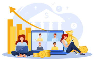 Woman sitting with laptop and phone, laptop with video conference on the screen. Freelance, finance, bank savings, profit concept. Isolated vector illustration for flyer, poster, banner, advertising. 