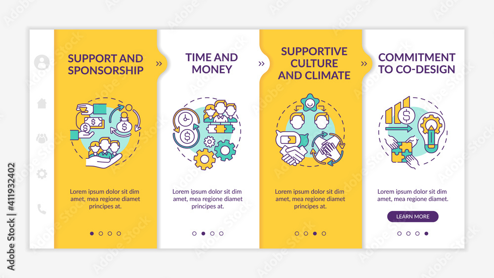 Poster conditions for collaborative design onboarding vector template. support, sponsorship. time and money