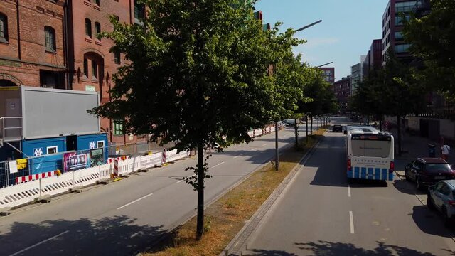 Aerial view of streets in Hamburg from top of a double decker bus on a sunny day in summer