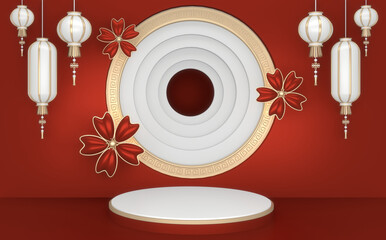 The Red Japanese podium show cosmetic product geometric japan style.3D rendering