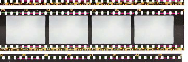 scan of 35mm negative film material on white background with empty or blank frames, retro photo...