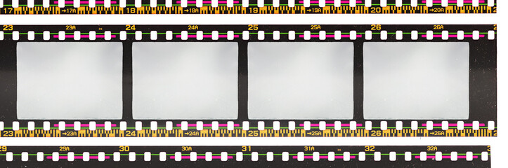 scan of 35mm negative film material on white background with empty or blank frames, retro photo placeholder, filmstrips isolated.