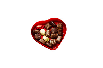 chocolate piece from various type in heart box for valentine's day isolated on white