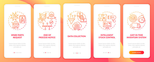 M2M communication kinds onboarding mobile app page screen with concepts. Stock control, data collection walkthrough 5 steps graphic instructions. UI vector template with RGB color illustrations