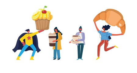 People characters drinking coffee and eating sweet food isolated set collection. Vector flat design illustration