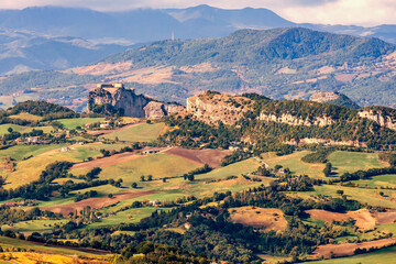 Panoramic view of the landscape surrounding the Republic of San Marino up to the Rocca di San Leo, Italy