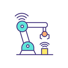 Manufacturing automation RGB color icon. Robotic arms. Automatic assembly machines. Factory automation infrastructure. Reducing labor and production costs. Isolated vector illustration