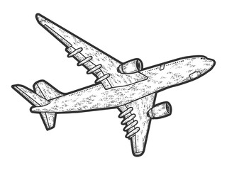 Flying plane, bottom view. Engraving vector illustration. Sketch