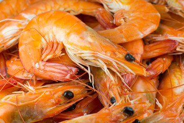 Tasty Shrimp background..Fresh prawns, healthy seafood, close up photo.