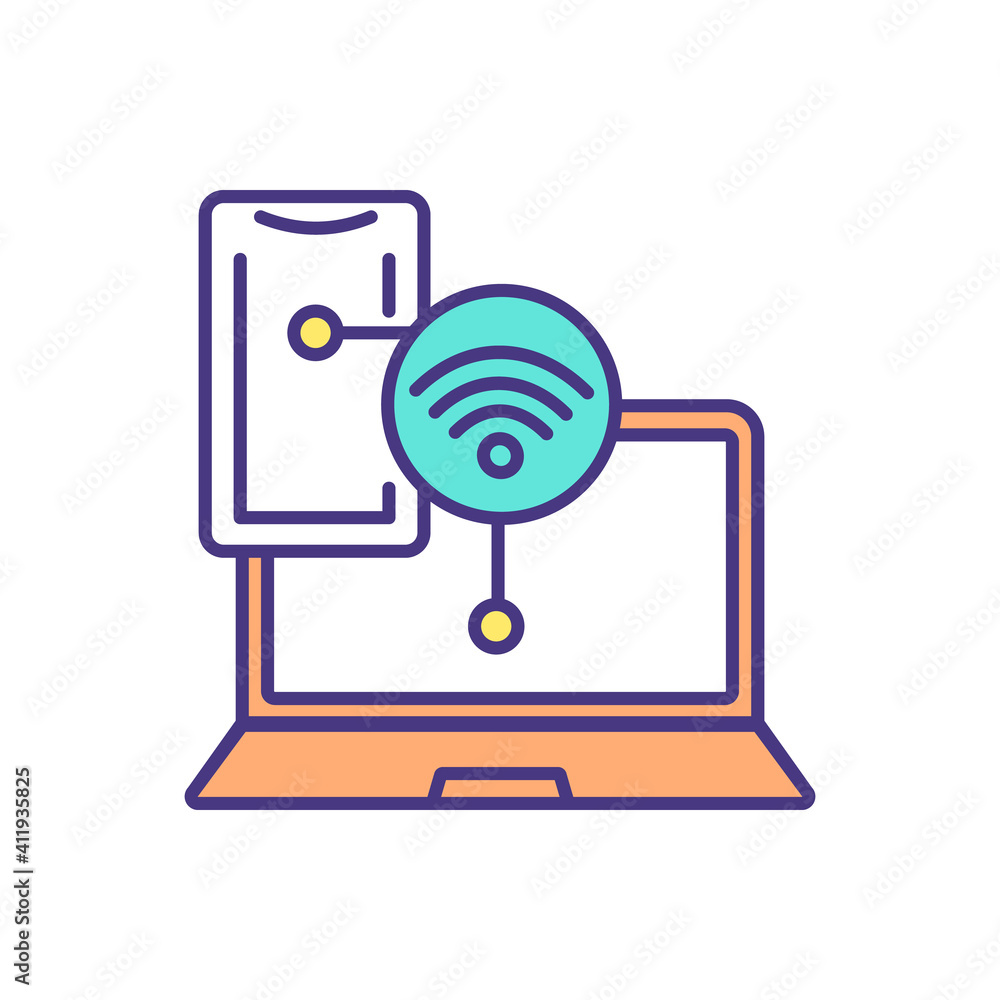 Poster Connected devices RGB color icon. Connecting multiple devices. Transmitting and sharing data over WiFi network. Smartphone, tablet and computer wireless connection. Isolated vector illustration