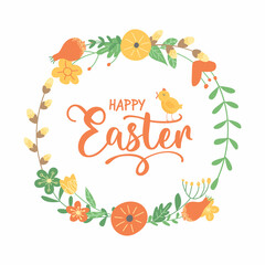 Happy Easter greeting cards. Hand drawn flat cartoon elements. Concept with eggs and emblems for greeting cards and banners. Vector illustration. Isolated on white background