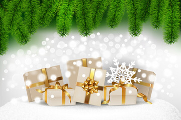 Christmas tree border background with holiday presents.