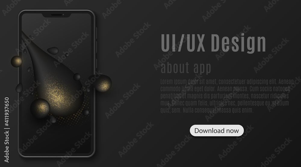 Poster elegant smartphone mockup with abstract liquid shapes and golden glitter halftone effect on a dark t