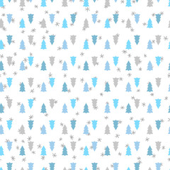 Winter seamless pattern with color Christmas tree and snowflakes on white background. Vector illustration for fabric, textile, wallpaper, gift wrapping paper. Merry Christmas and New year Vector.