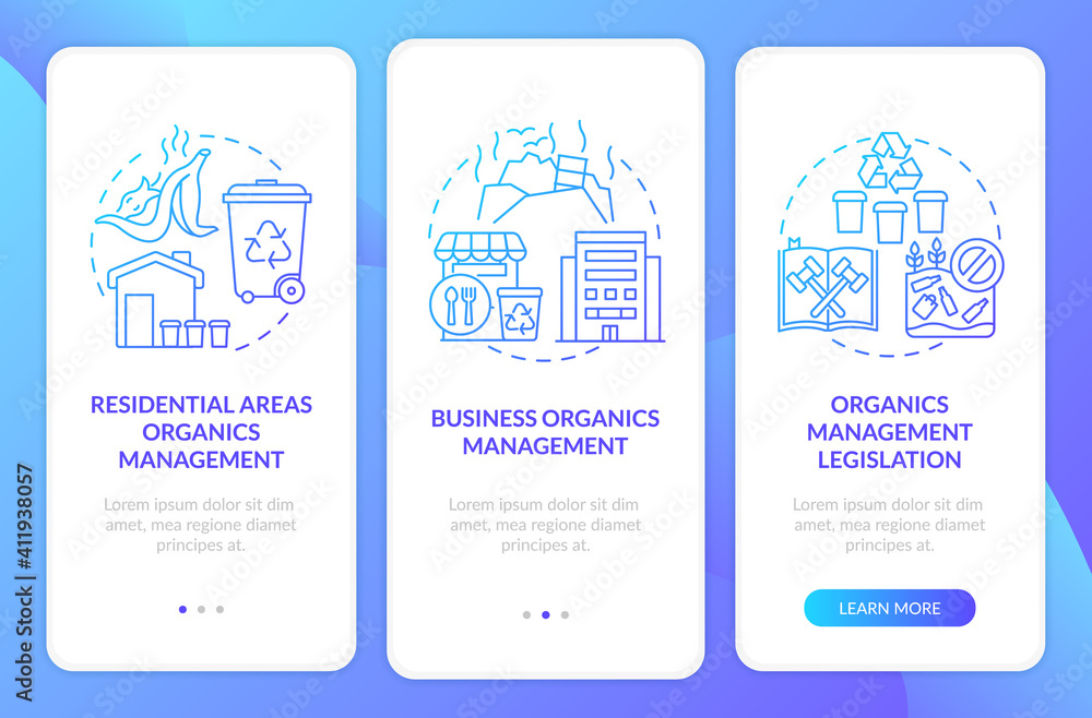 Poster organic waste initiatives onboarding mobile app page screen with concepts. composting permits and re