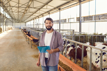 Fototapeta na wymiar Farm owner with a clipboard in his hands standing in a long cowshed near the corral with calves.