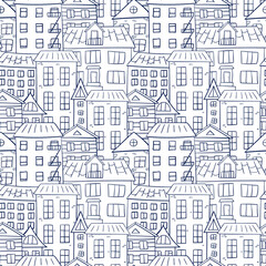 The contoured blue houses in the city are tightly adjacent to each other. For coloring and anti-stress. Seamless repeating pattern. Hand-drawn doodle.