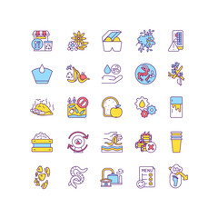 Organic waste RGB color icons set. Horticultural practice. Environmentally friendly packaging. Composting for farm and garden. Water quality protection. Waste sorting. Isolated vector illustrations