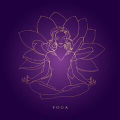 Gold lotus flower with woman logo. Vector lotus icon design template on purple background with golden effect for eco, beauty, spa, yoga, medical companies.