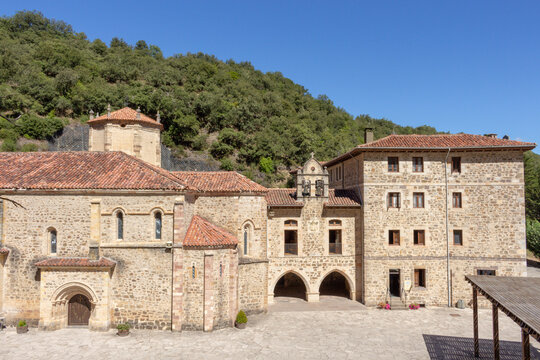 Potes, Spain - September 2, 2020: The Monastery of Santo Toribio de Li&eacute;bana is a Roman Catholic monastery located in the district of Li&eacute;bana, near Potes in Cantabria, Spain.