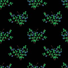 Vector pattern with blueberries on a dark background. For printing on textiles. Blueberry sprigs with berries and leaves.