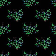 Vector pattern with blueberries on a dark background. For printing on textiles. Blueberry sprigs with berries and leaves.