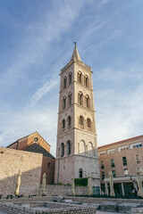 Fototapeta na wymiar Belltower of St Donatus Church at Old town square in Zadar Croatia